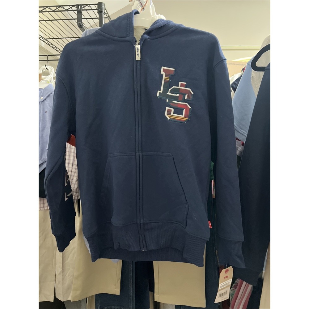 Levi's Boys Blue Fleece Full Zip Hooded Hoodie Pockets Logo Sz Med 10-12 Years